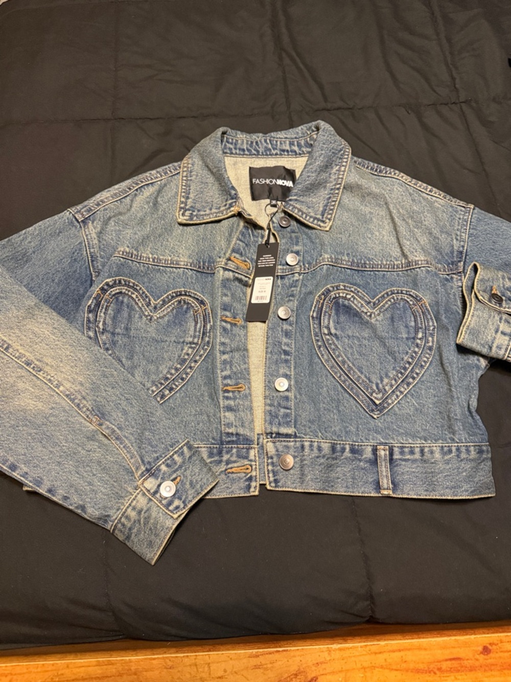 Fashion Nova Light Blue Cropped Denim Jacket with Heart Patches